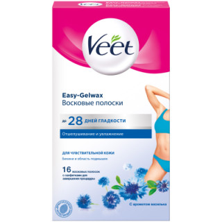 Восковые полоски Veet для чувств. кожи линии бикини и области подмышек 16 шт. (4640018991929/4680012390977)