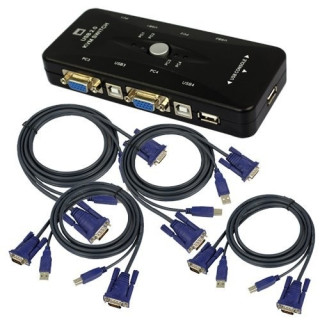 4-портовый KVM свич, переключатель USB и 4 кабеля